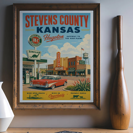 Vintage poster of Hugoton, Kansas featuring Sinclair gas station and classic car.