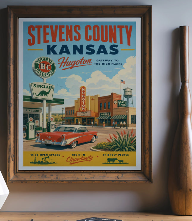Vintage poster of Hugoton, Kansas featuring Sinclair gas station and classic car.