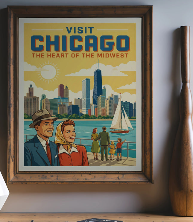 Vintage poster featuring "Visit Chicago The Heart of the Midwest" with city skyline and people by the water.