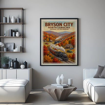 Poster of Bryson City, NC, showing trains in autumn mountains with text "Gateway to the Smokies."