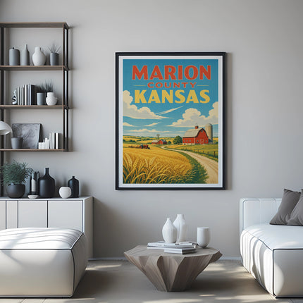 Marion County Kansas poster with barn, field, and clouds.