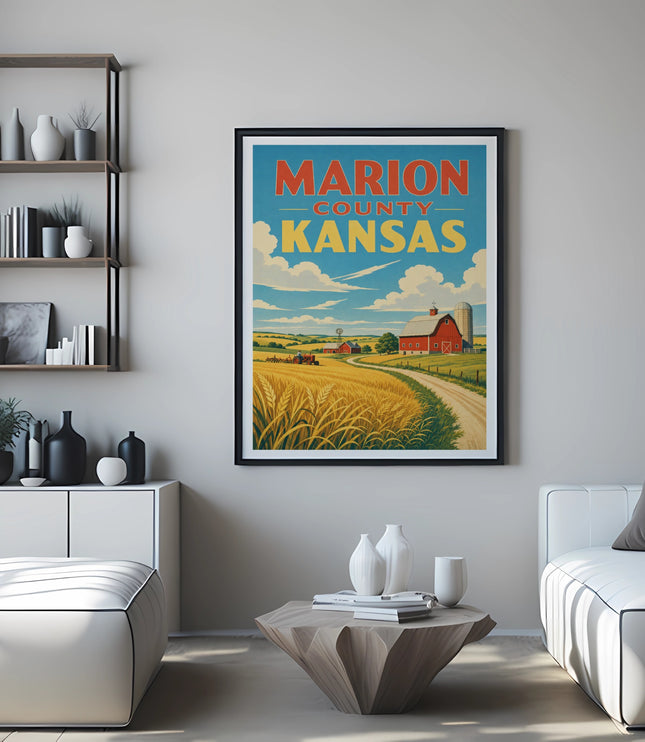 Marion County Kansas poster with barn, field, and clouds.