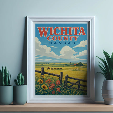 Wichita County, Kansas vintage travel poster with fields and fence.
