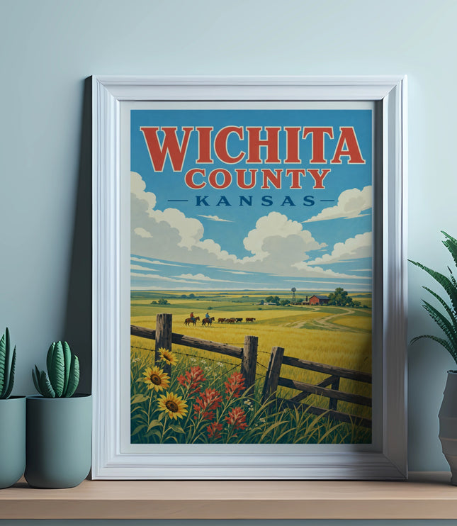 Wichita County, Kansas vintage travel poster with fields and fence.