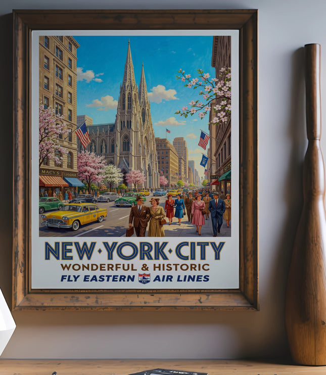 New York City vintage travel poster showing St. Patrick's Cathedral and people walking.