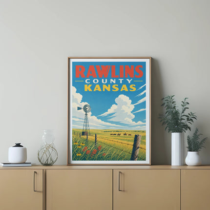 Rawlins County Kansas poster with windmill, fence, and flowers.