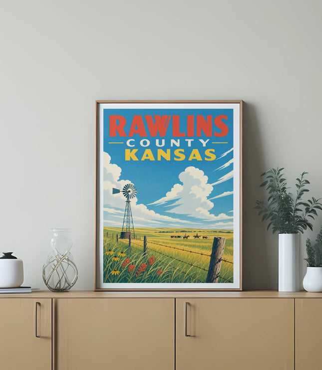 Rawlins County Kansas poster with windmill, fence, and flowers.