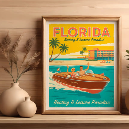 Vintage Florida boating and leisure paradise poster featuring a speedboat.