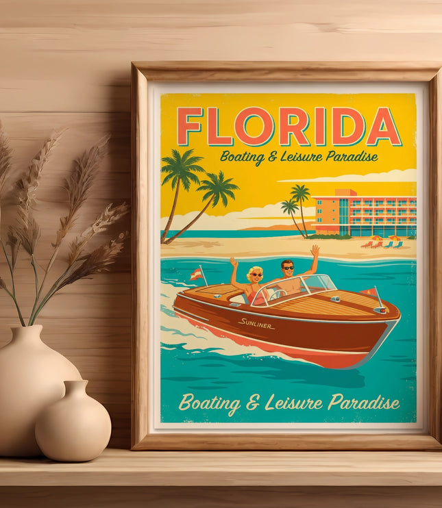 Vintage Florida boating and leisure paradise poster featuring a speedboat.