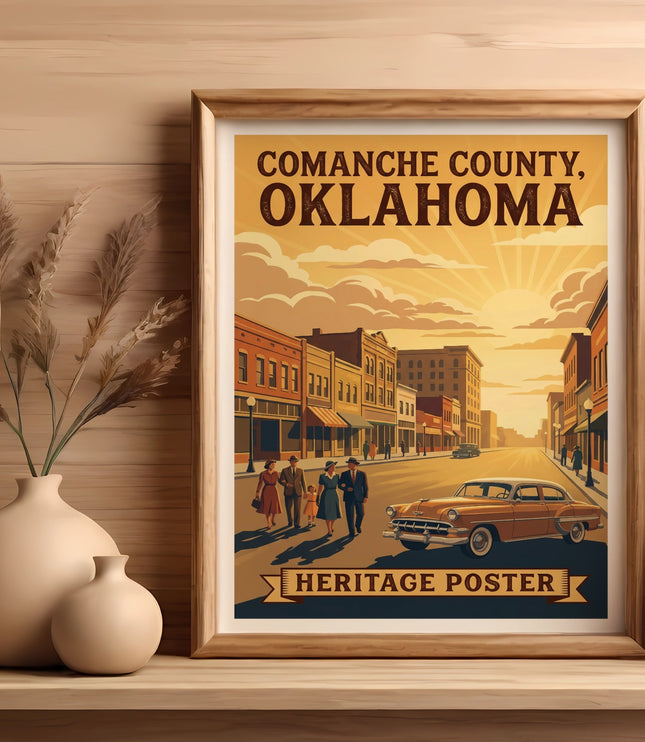Vintage "Comanche County, Oklahoma Heritage Poster" with retro street scene and car.