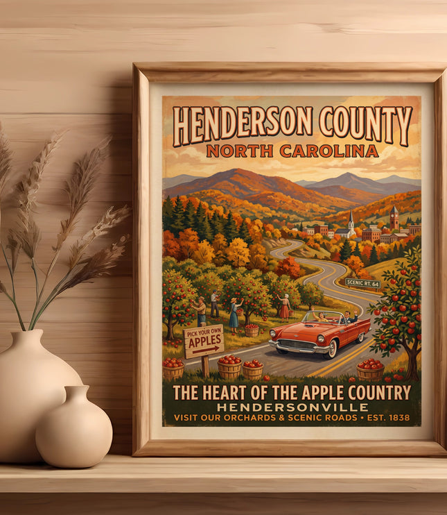 Vintage poster showing Henderson County, North Carolina, apple picking scene with classic car.
