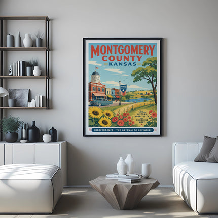 Montgomery County Kansas poster with vintage cars, sunflowers, and city landmarks.