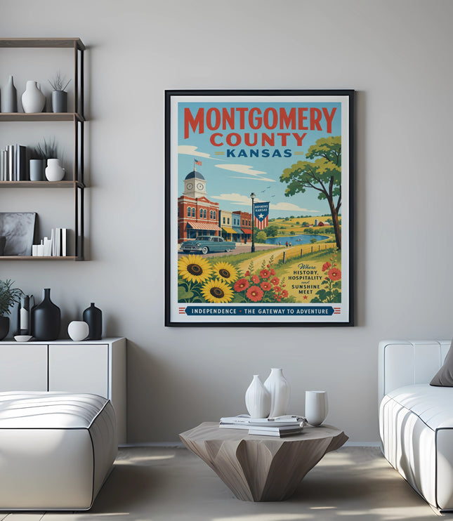 Montgomery County Kansas poster with vintage cars, sunflowers, and city landmarks.