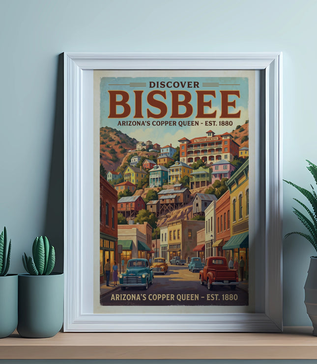 Vintage poster of Bisbee, Arizona, showing buildings on a hillside and classic cars.