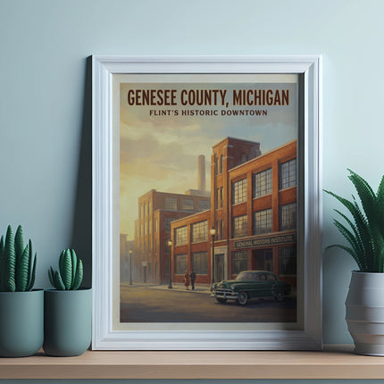 Genesee County, Michigan art print featuring historic downtown buildings and a vintage car.