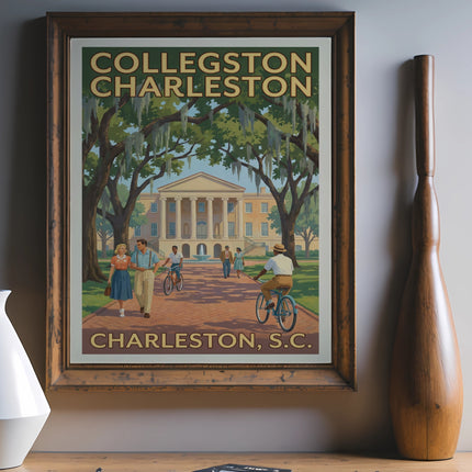 Poster featuring "Collegston Charleston" text and a historical building with people walking and biking.