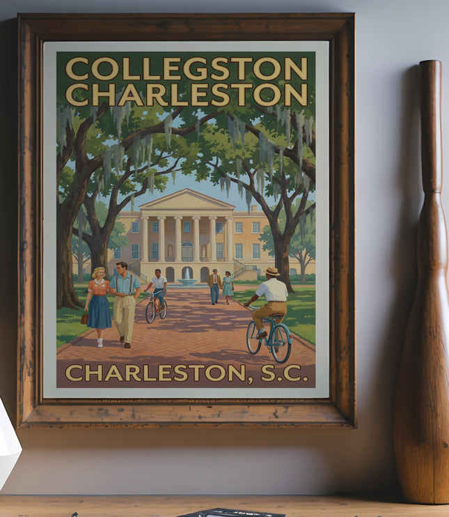 Poster featuring "Collegston Charleston" text and a historical building with people walking and biking.