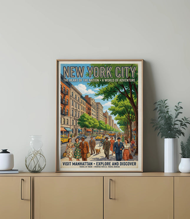 New York City travel poster with people, taxis, and buildings, reading "Visit Manhattan".