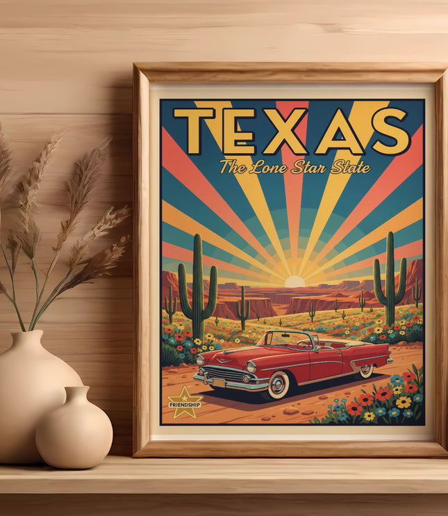 Texas Lone Star State poster with vintage red convertible in desert landscape.