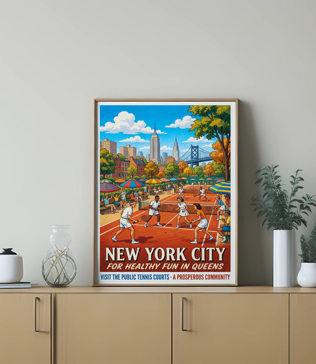 New York City tennis poster with skyline and text.