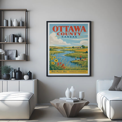 Ottawa County Kansas poster featuring a landscape with fields, river, and people.