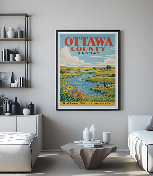 Ottawa County Kansas poster featuring a landscape with fields, river, and people.