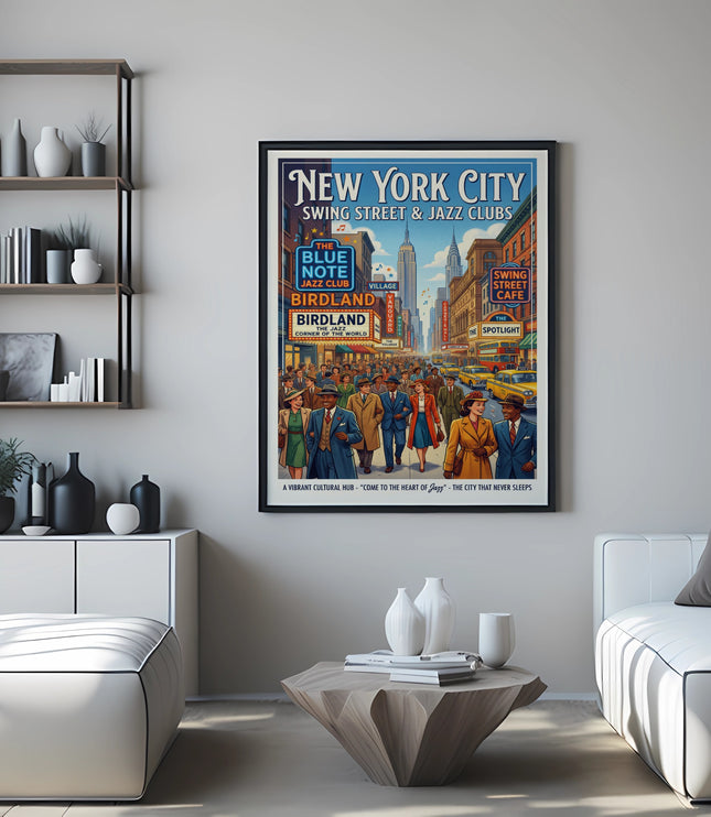 New York City Swing Street & Jazz Clubs poster with Blue Note and Birdland.