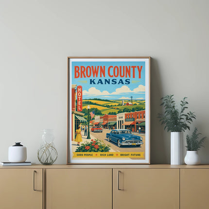 Vintage poster for Brown County, Kansas, featuring a street scene and classic car.