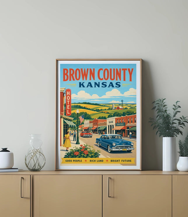 Vintage poster for Brown County, Kansas, featuring a street scene and classic car.