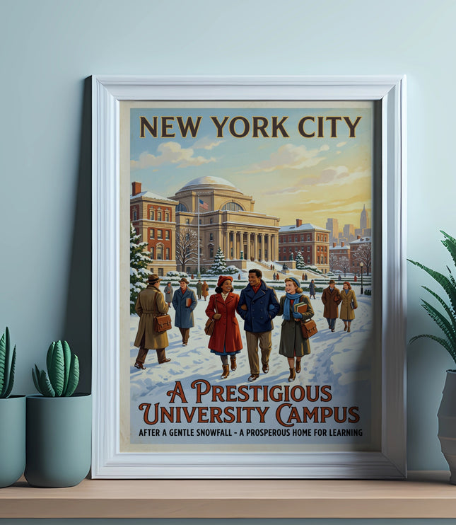 New York City poster with campus scene, people walking in snow. "A Prestigious University Campus."