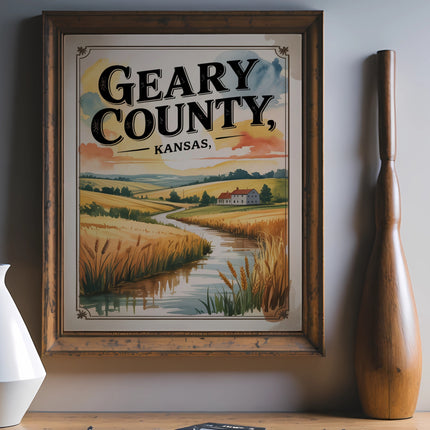 Framed artwork of Geary County, Kansas landscape with wheat fields and a river.