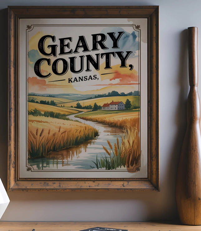 Framed artwork of Geary County, Kansas landscape with wheat fields and a river.
