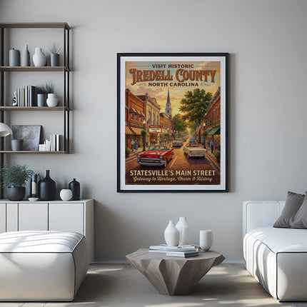 Vintage Statesville's Main Street poster with classic cars and buildings.