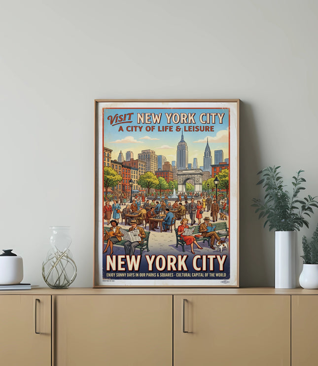 Vintage New York City poster showing skyline, parks, and people playing chess.