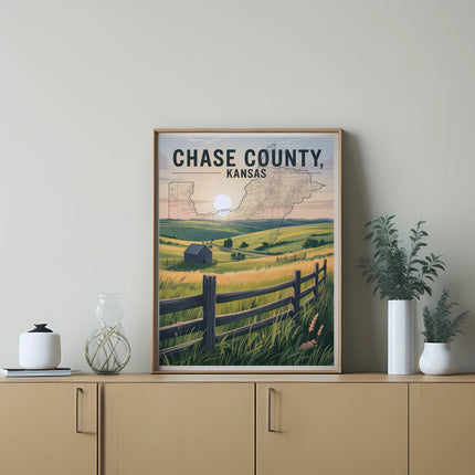 Framed map of Chase County, Kansas, with a rural landscape in the background.