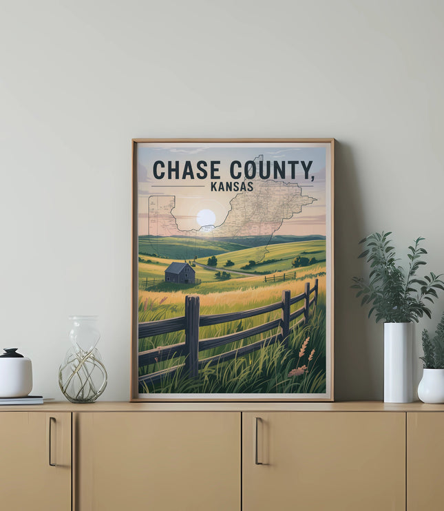 Framed map of Chase County, Kansas, with a rural landscape in the background.