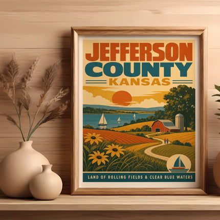 Jefferson County, Kansas, vintage travel poster of rolling fields and blue waters.