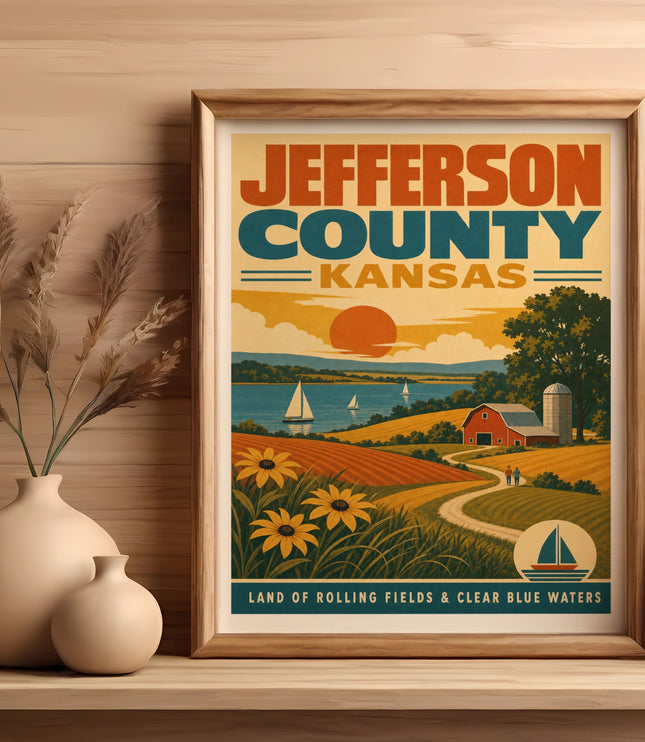 Jefferson County, Kansas, vintage travel poster of rolling fields and blue waters.