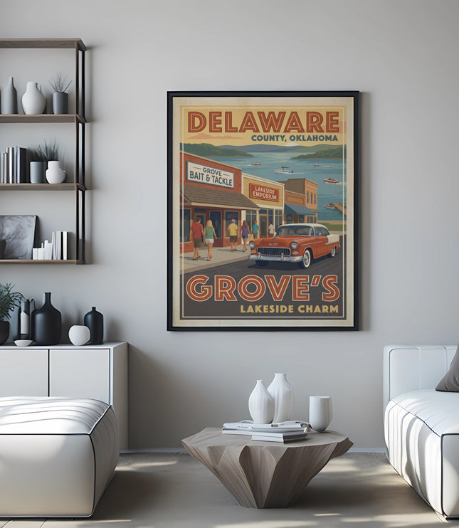 Framed poster of Delaware County, Oklahoma with vintage car, lake, and shops.