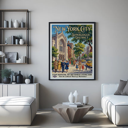 New York City Synagogue District poster with elegant architecture and historic charm.