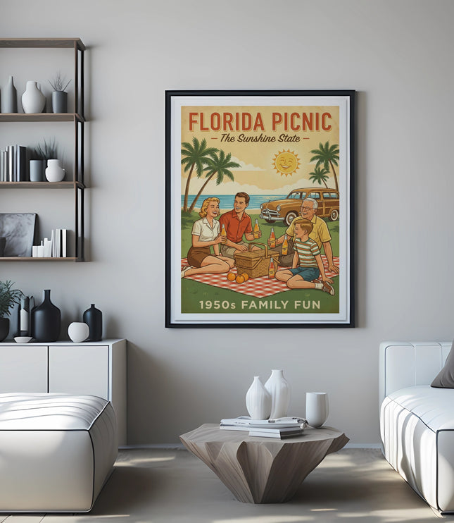 Retro Florida picnic poster featuring a 1950s family and a station wagon.