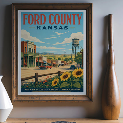 Ford County, Kansas travel poster with roadside buildings, car, and sunflowers.