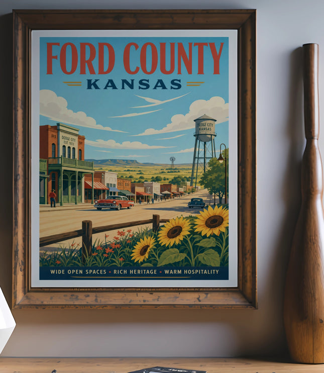 Ford County, Kansas travel poster with roadside buildings, car, and sunflowers.