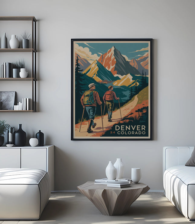 Denver Colorado mountain landscape poster on a wall above a couch.