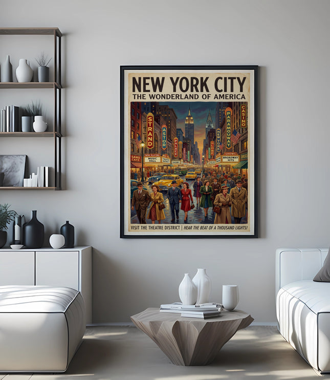 New York City theatre district poster with vintage cars and people.