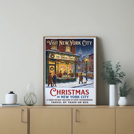 Poster: Visit New York City for Christmas, featuring "The Snug Café."