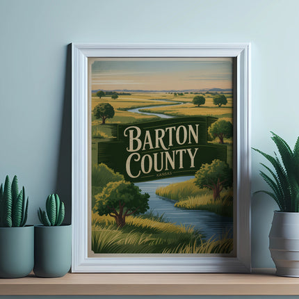 BARTON COUNTY KANSAS landscape art print in white frame with plants.
