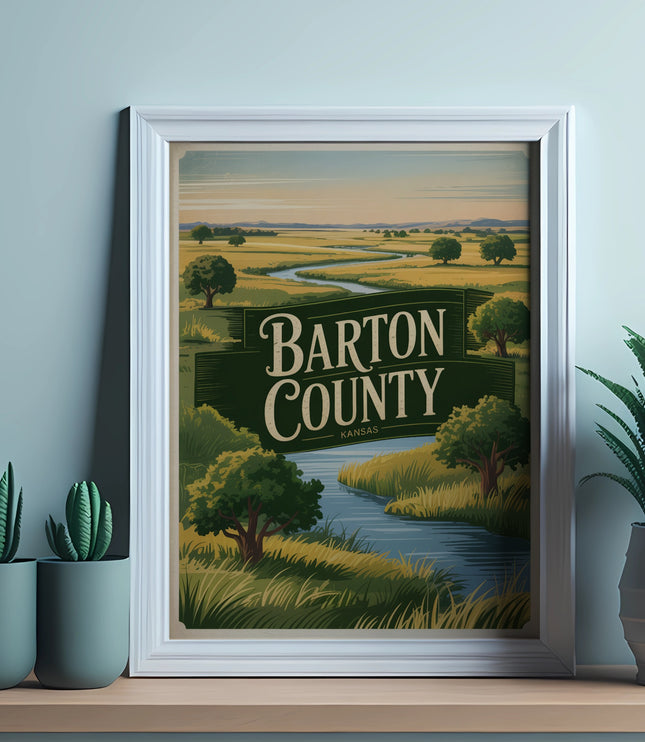 BARTON COUNTY KANSAS landscape art print in white frame with plants.