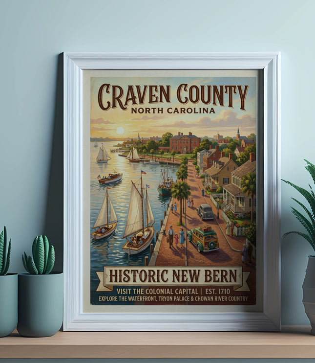 Craven County North Carolina poster with Historic New Bern, waterfront, and sailboats.