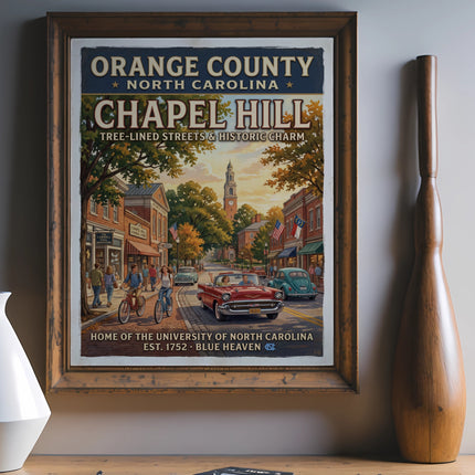 Orange County, North Carolina vintage Chapel Hill travel poster.